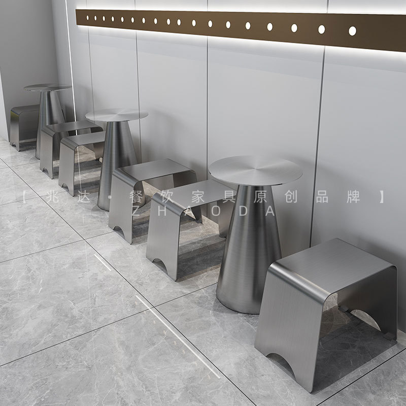 Trendy Milk Tea Shop Dining Table and Chairs, Industrial Style, Simple Stainless Steel Round Table, Light Luxury Bar Counter, Metallic Silver Long Booth Seating