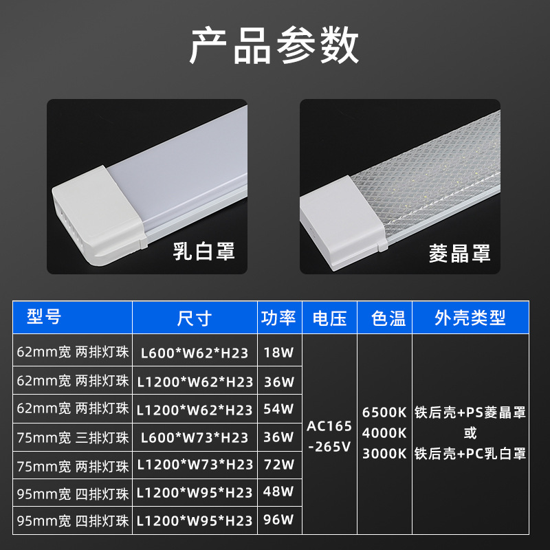 Three-Proof Led Strip Light Integrated Fluorescent Tube Square Prism Cover Ceiling Household Strip 1.2m Bracket Light