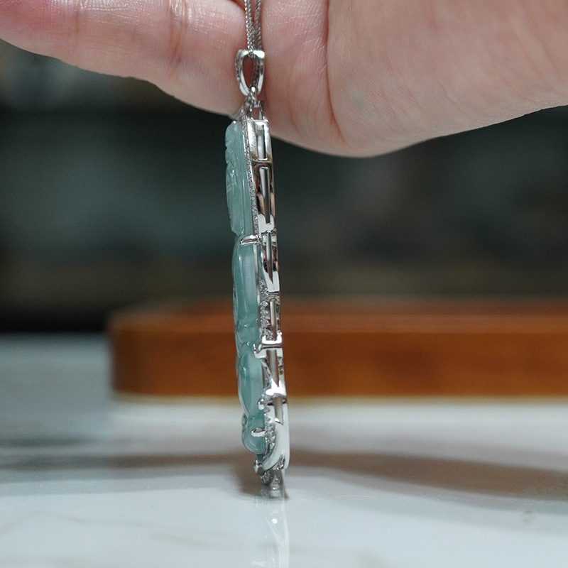 Platinum Pt950 Cultivated Diamond Jade Guanyin Inlaid Full Diamond Pendant