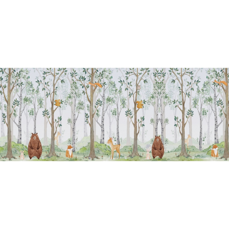 Scandinavian Wall Cloth Hand-Painted Animal Forest Kidsren's Room Wallpaper Seamless Wallpaper Boy Girl Bedroom Background Wall Mural
