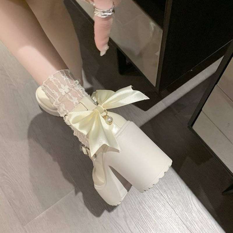 Hot Girl White High Heels Women's 2025 Spring New Waterproof Platform Heightening Sweet Bow Mary Jane Small Leather Shoes