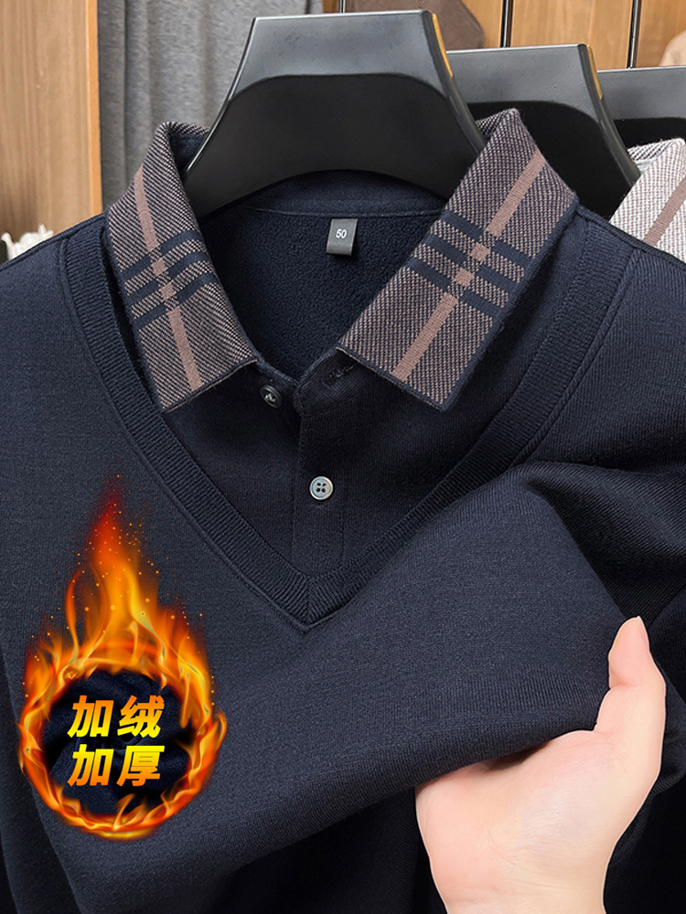 Dad's Winter Sweater with Fleece Lining, Thickened Two-In-One Design for Middle-Aged Men, Casual Shirt Collar, Warm Knitted Base Sweater