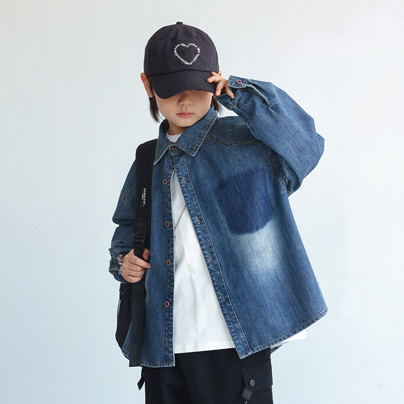 Boys' Shirt 2024 Autumn New Korean Denim Shirt Children's Design Sense Printed Long Sleeve Western Style Top Trendy