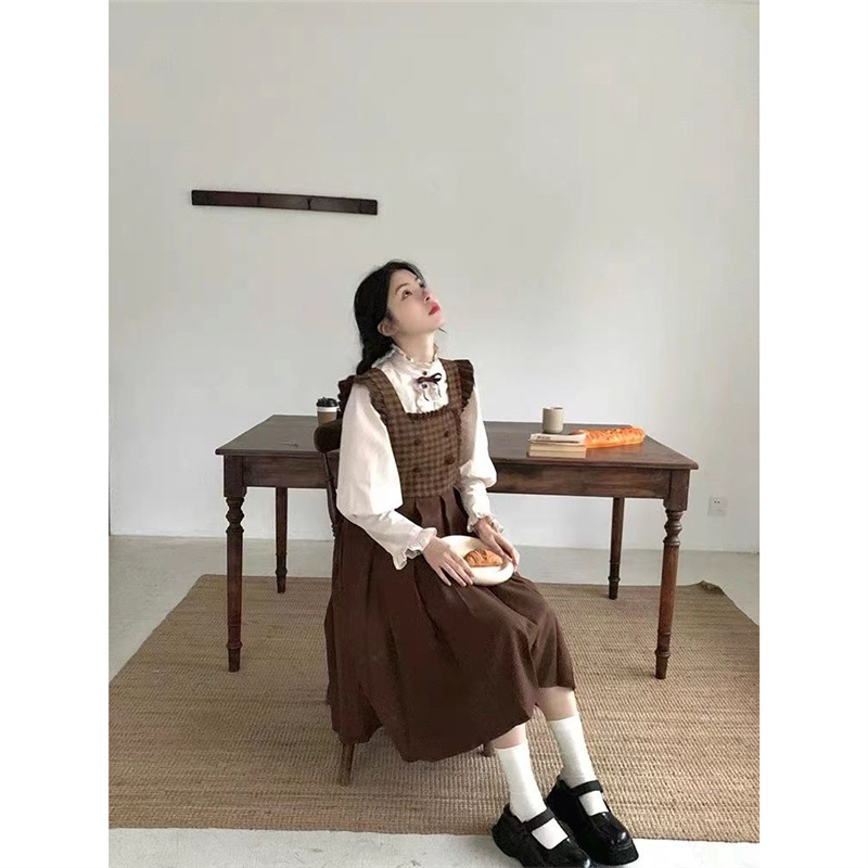 Korean Style Elegant Brown Small Flying Sleeves Plaid High Waist Pleated Vest Dress Square Neck A-Line Skirt + Fungus Shirt Two-Piece Set