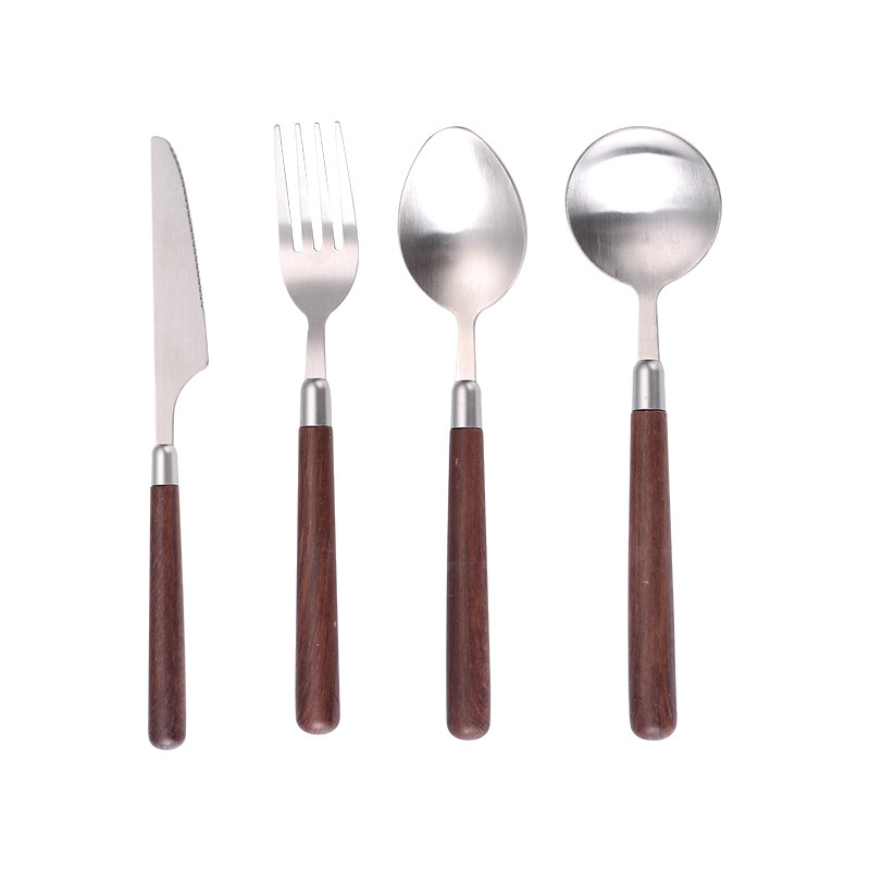 Imitation walnut wooden handle simple texture stainless steel spoon fork set household western food spoon high value tableware