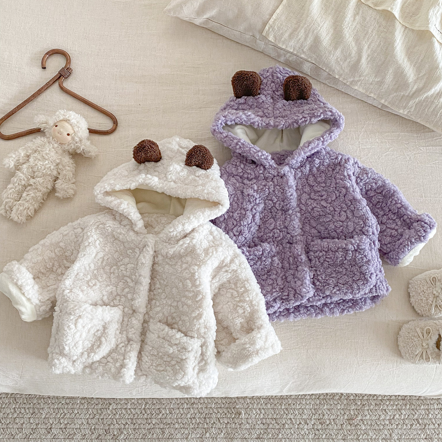 Куртка для младенцев с капюшоном в виде медвежьих ушей, утолщенная, зимняя, уютная флисовая кофта для мальчиков