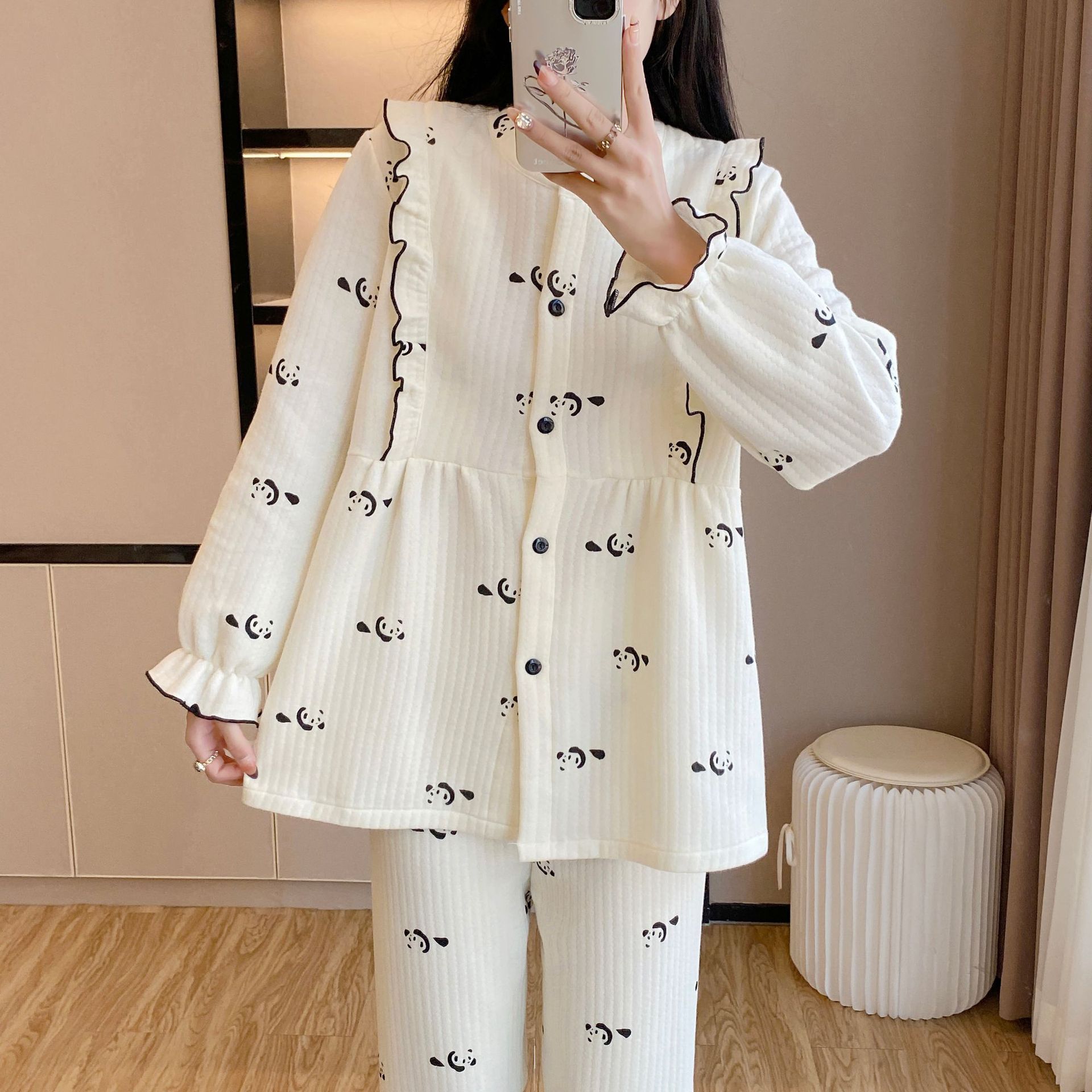 Autumn and Winter All Cotton Warm Long-sleeved Sweet Casual Sleeping Dress Three-layer Air Cotton Sandwich Pregnant Women's Home Luna Dress