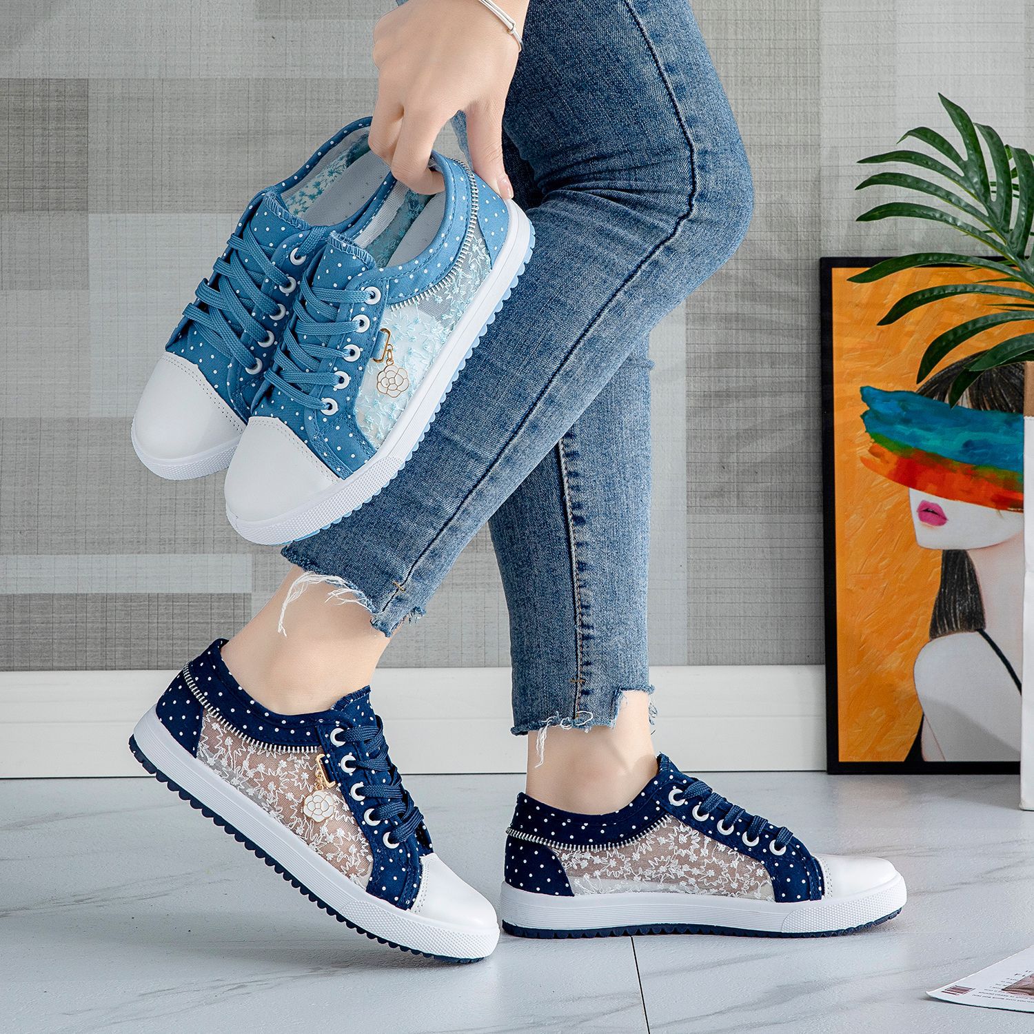 2018 Summer Korean Style New Women's Hollow Denim Mesh Shoes Flat Casual Shoes Breathable Cloth Shoes Student Mesh Shoes