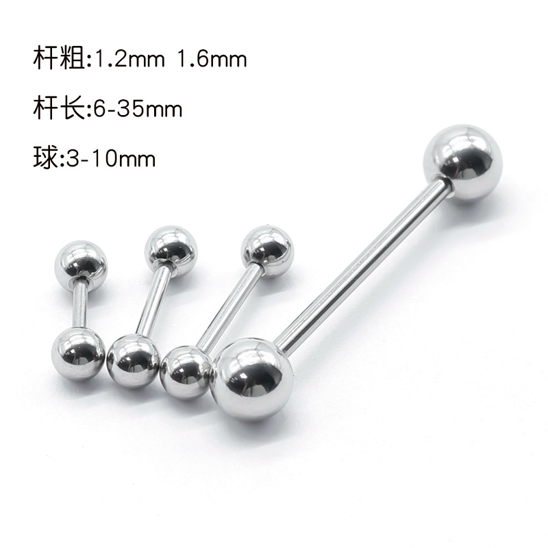 Cross-Border Ready-Made Body Piercing Jewelry Stainless Steel Tongue Studs Double Ball with Straight Titanium Steel Lip Studs Nipple Studs Earrings
