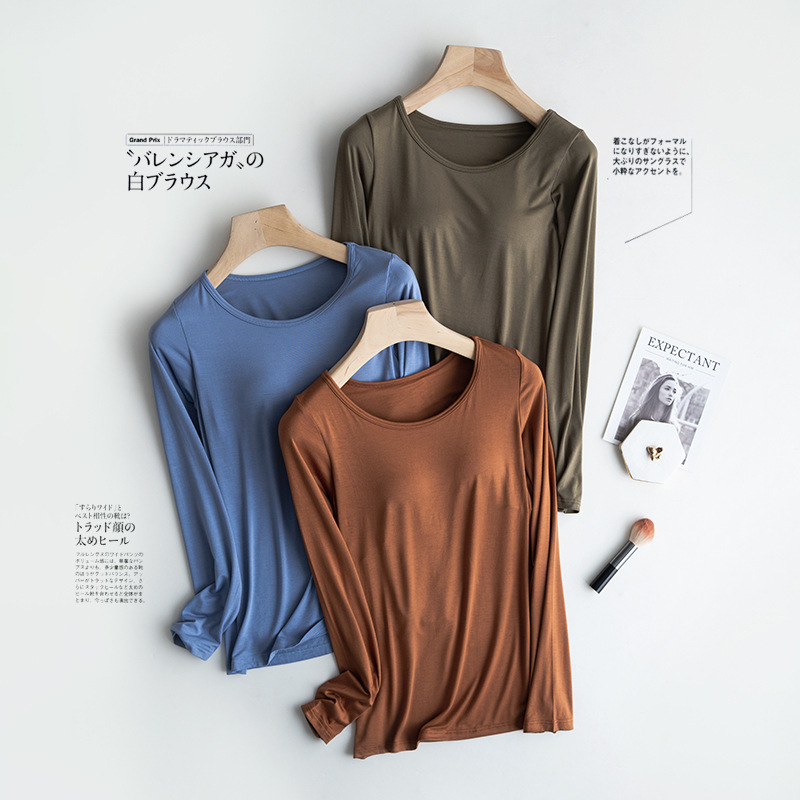 Modal women's long-sleeved T-shirt with chest pad bra-free wireless round neck yoga pajamas underwear slim bottoming shirt