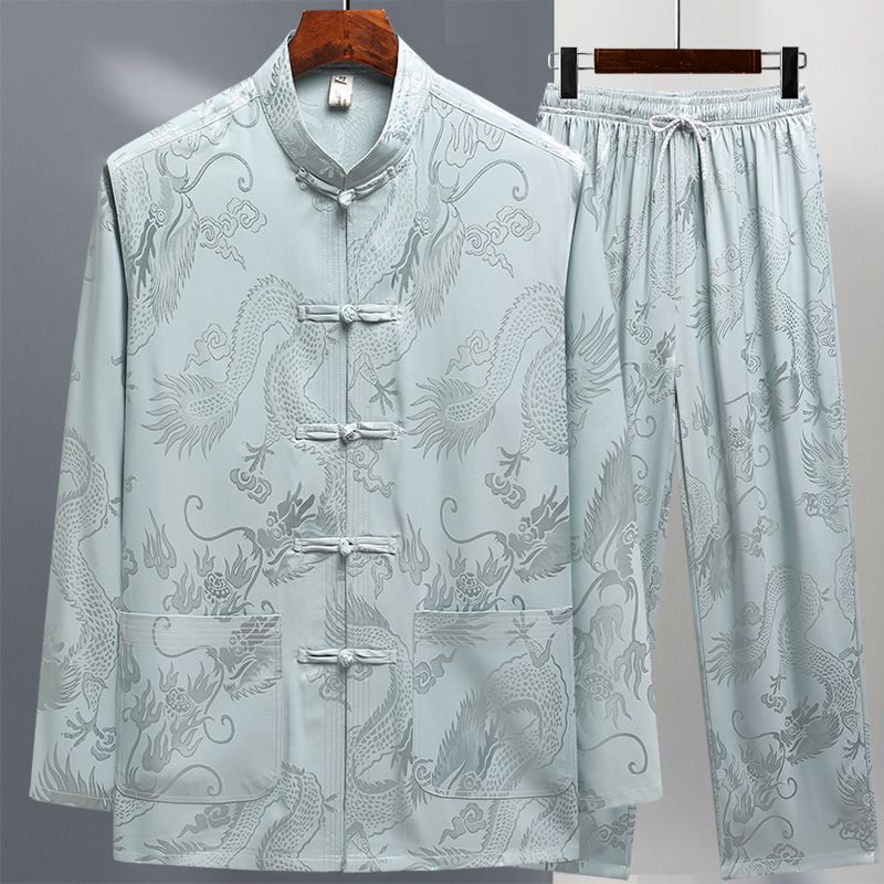 Tang Suit Men's Ice Silk Long Sleeve suit Spring and Summer Middle-aged and Old Age Retro Style Hanfu Dad Old Man Grandpa Morning Exercise Taiji Suit