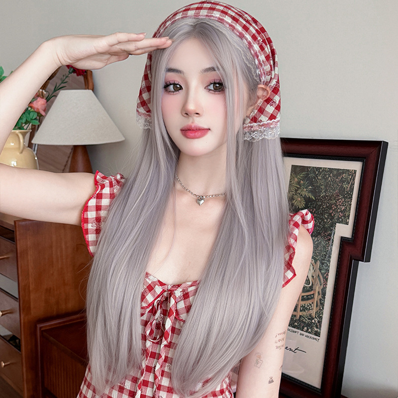 Long Straight Wig for Women with Small Lace, Synthetic Fiber, One-Piece Hand-Woven High-Temperature Fiber, Internet Celebrity Style, Purple-Gray, Middle Part