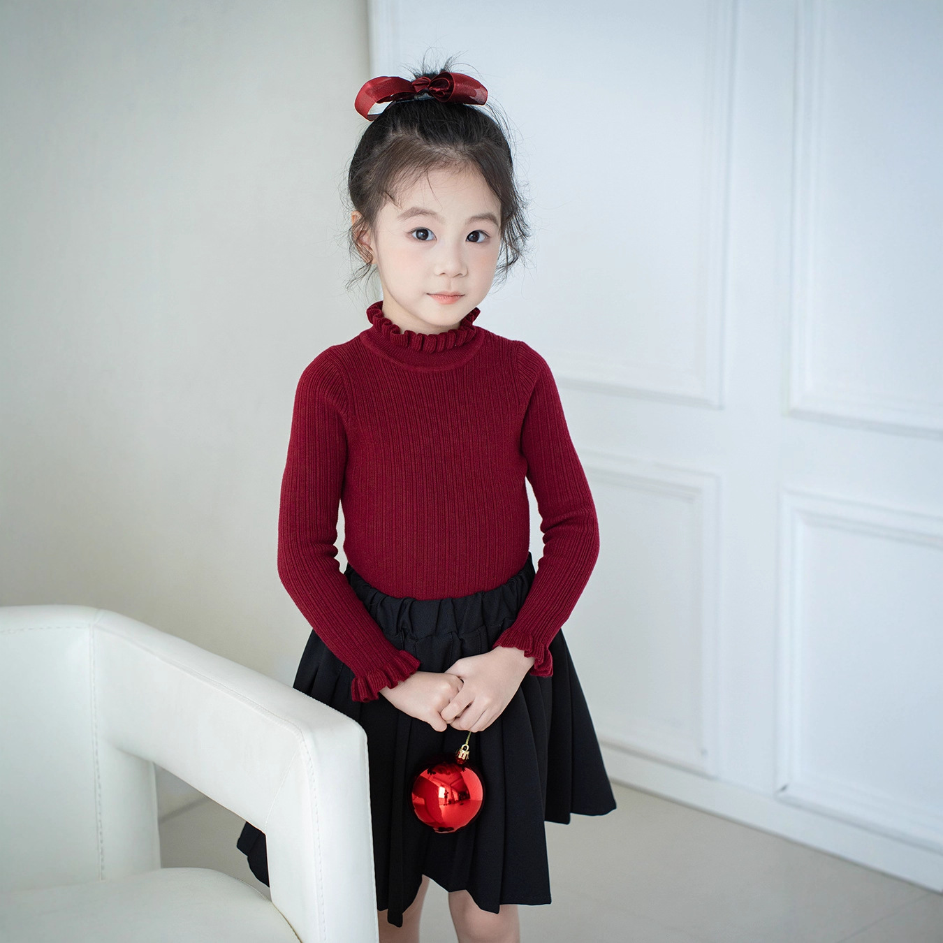 2025 Autumn/Winter New Girls' Wool Knitted Base Shirt Children's Ribbed Slim Fit Ruffled Mid-Neck Base Top