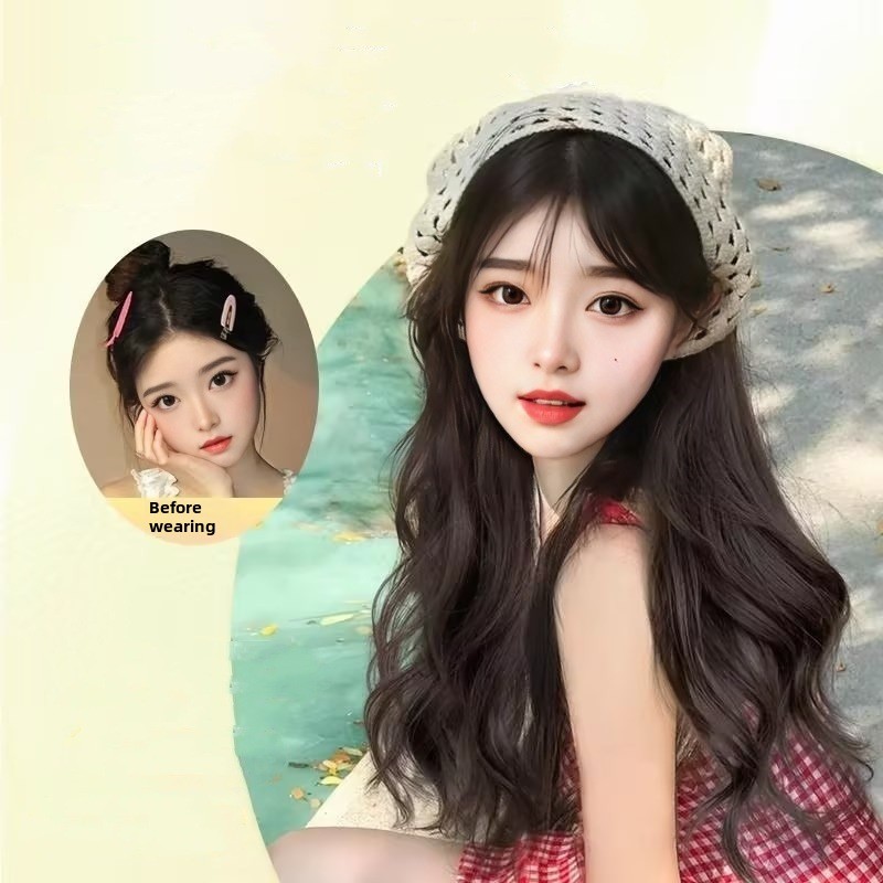 TikTok Internet Popular Same Wig Women's Chemical Fiber Long Hair Big Wave U-Shaped Hair Tailor Knitted Hood One-piece Hood