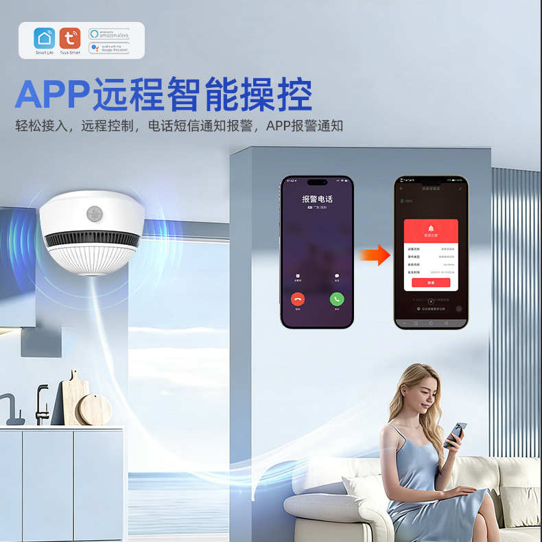 New Smart Smoke Alarm, Ceiling-Mounted for Hotels and Homes, Charcoal Fire Sensor, Tuya Wifi Detector