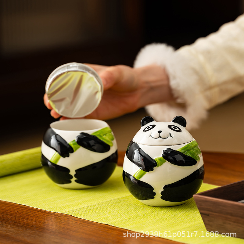 Simple Panda Ceramic Tea Canister Green Tea Biluochun Maojian Maofeng Tea Gift Box Empty Sealed Canister Souvenir