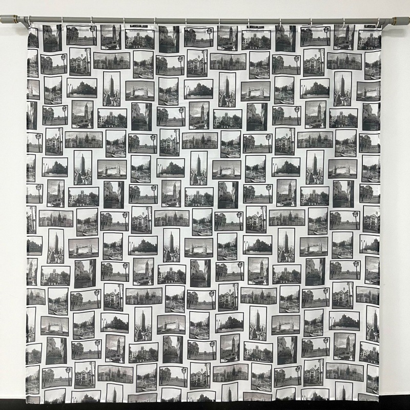 Cross-Border black and white city scenery waterproof polyester spring textile printing bathroom shower curtain partition curtain keyhole free