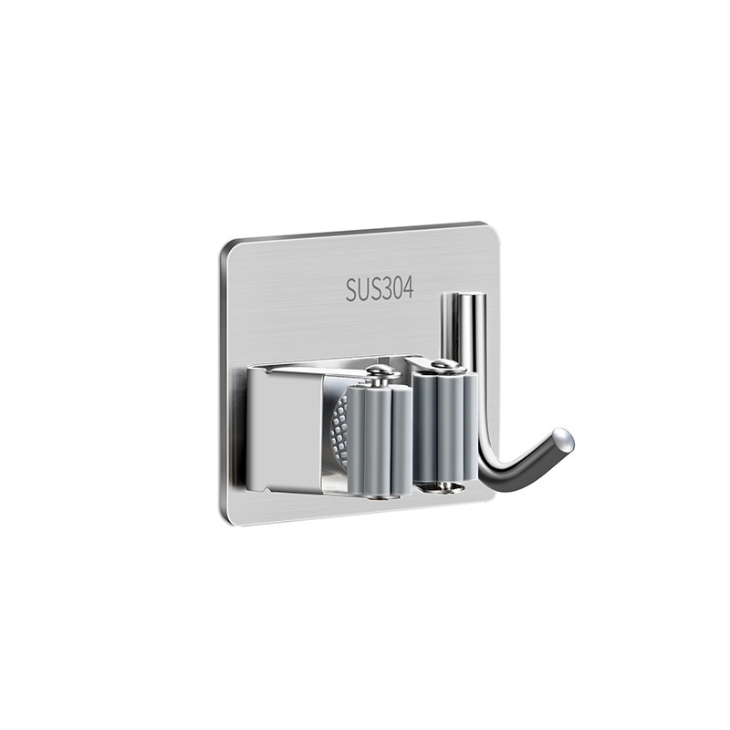 Stainless Steel Mop Clip Without Punching Wall Hanging with Hook Bathroom Broom Mop Buckle Storage Hanger Strong Adhesive