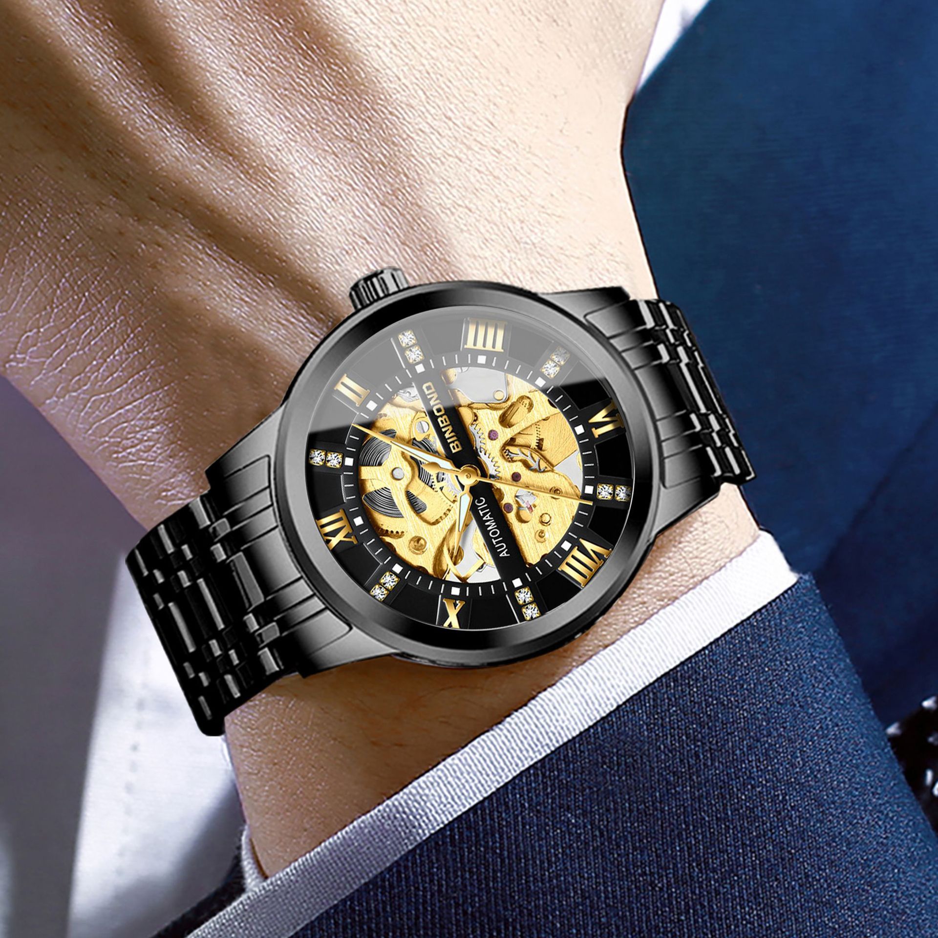 Binbond Binbang Cut Out Watch Fully Automatic Mechanical Watch Luminous Fashion Steel Belt Men's Waterproof Quartz Watch