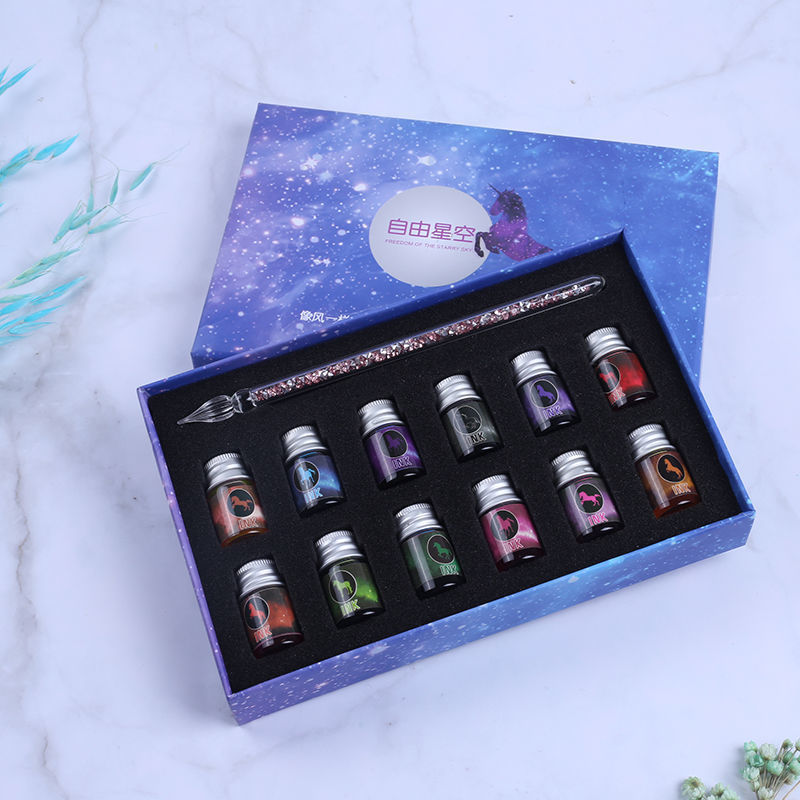 Ручка из кристального стекла ручной работы с цветными чернилами, набор для подарка, канцелярские принадлежности