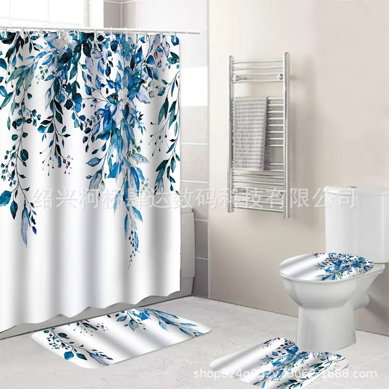 Digital shower curtain cross-border plant flower waterproof polyester bathroom four-piece wet and dry separation moisture-proof mildew-proof isolation curtain