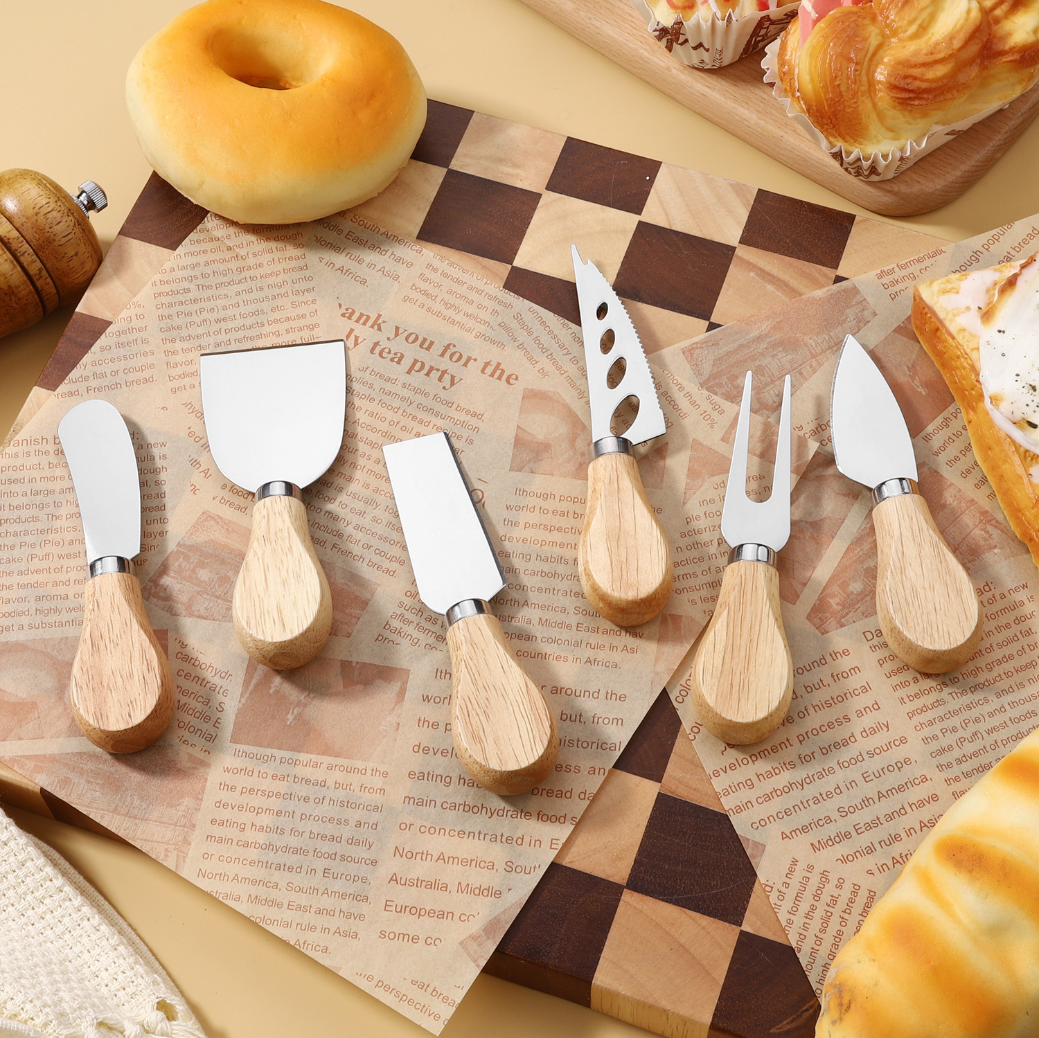 Cross-Border Stainless Steel Cheese Knife and Fork Set Kitchen Oak Cheese Butter Pizza Knife Gift Box Home Baking Tools