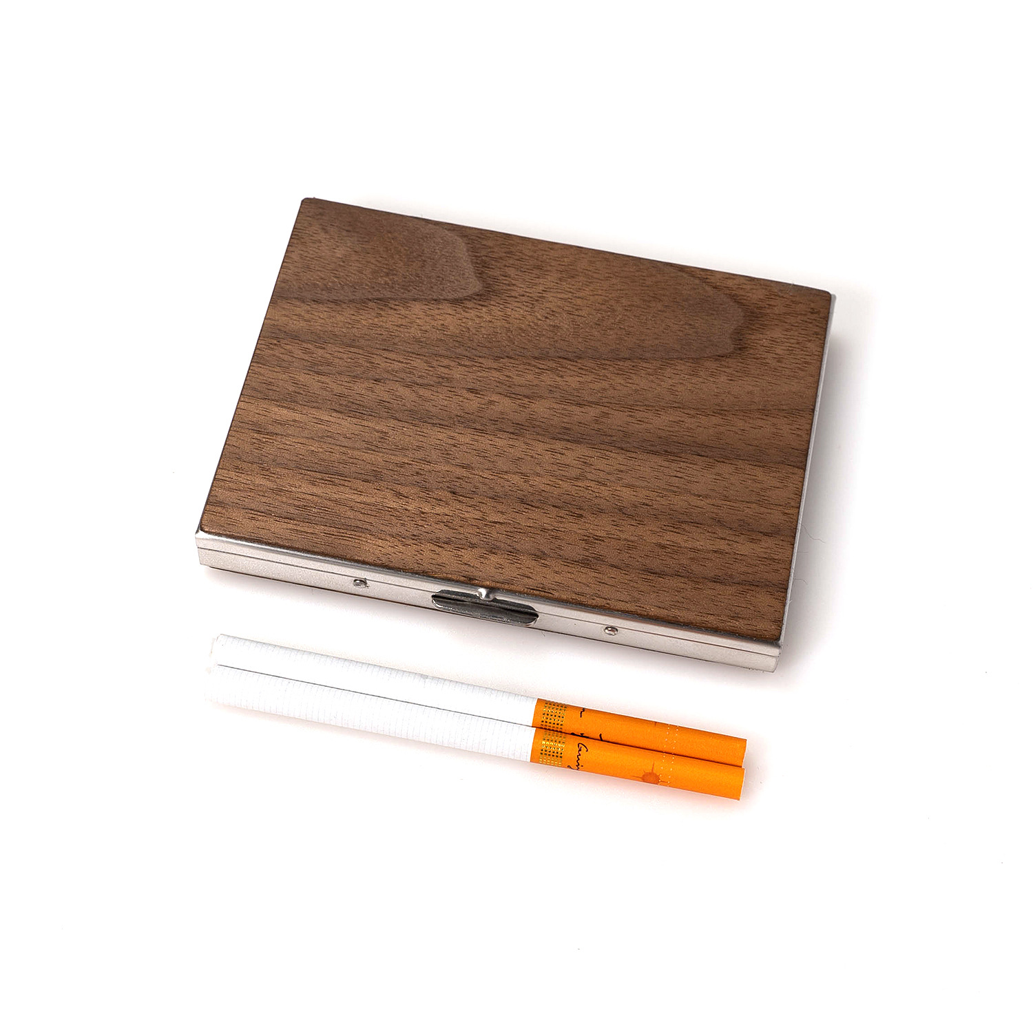 Black Walnut Solid Wood Cigarette Box Storage Gift Metal Frame Stainless Steel Cigar Box Vintage Gift Box with Engraved Text