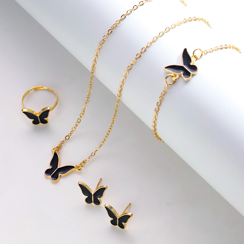 European and American Fashion Butterfly Drip Glaze Necklace Exquisite Versatile Niche Temperament High-End Clavicle Chain Jewelry 4-Piece Set