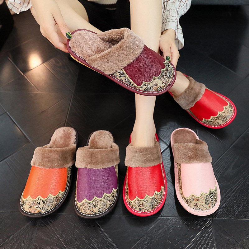 Haining Cowhide Home Indoor Non-Slip Solid Bottom Slippers for Couple Home Home Online Genuine Leather Slippers for Men and Women