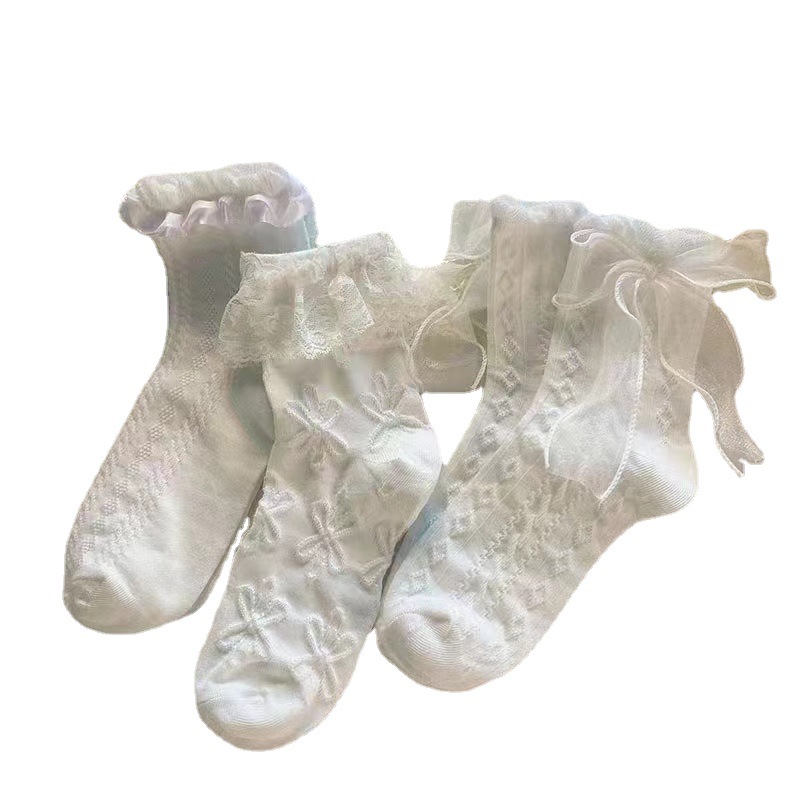 Simple White Bow Lace Socks Children's Mid-length Socks Summer Thin Japanese Sweet Lolita Lace JK Socks