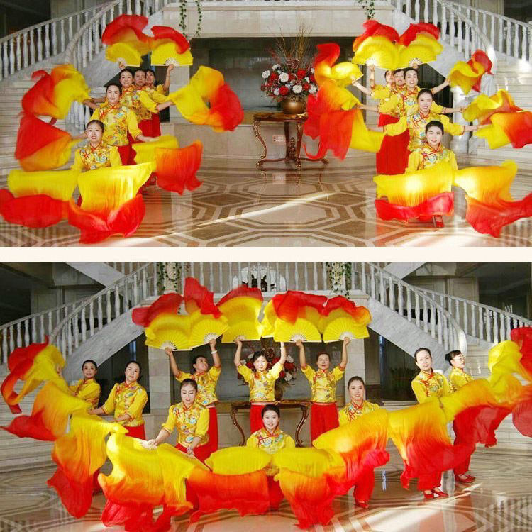 Взрывной танцевальный веер, длинный шелковый веер, градиентный веер с тремя цветами, веер для танца живота и квадратного танца