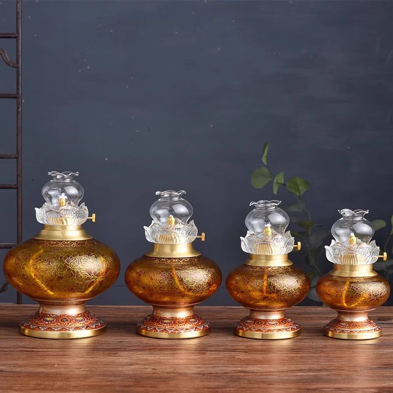 New dimmable copper butter lamp household Buddha lamp Buddha front lamp long bright lamp holder glass windproof Buddha oil lamp