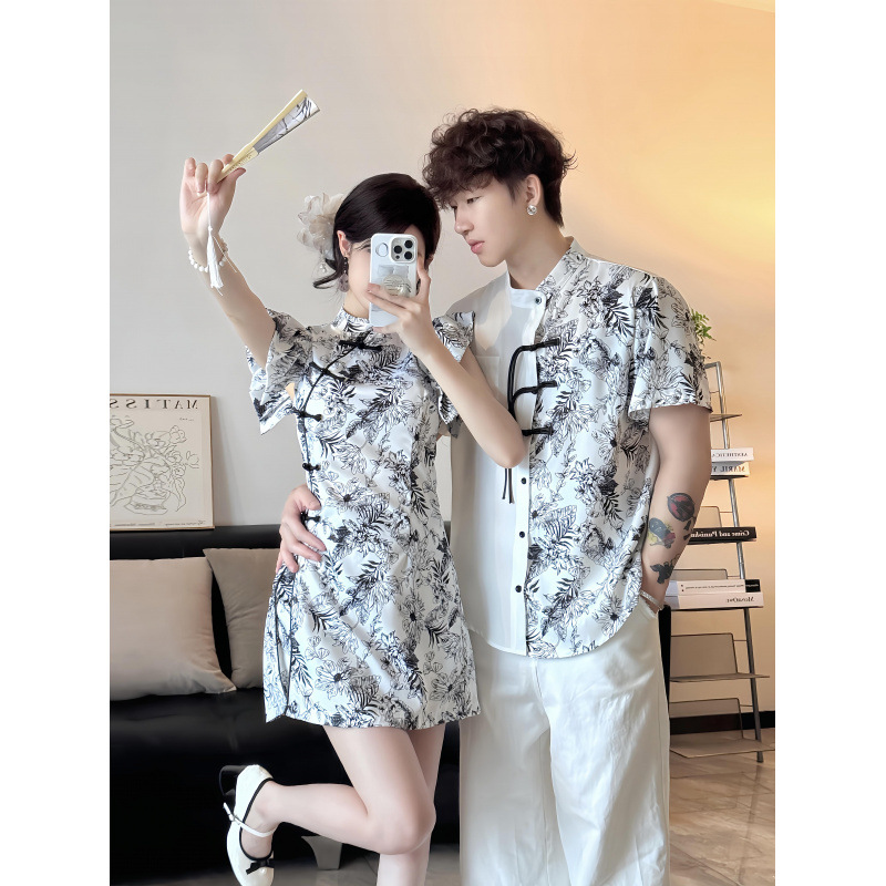 2025 New Summer Couple's Short-Sleeved Chinese Style Improved Women's Two-Piece Set