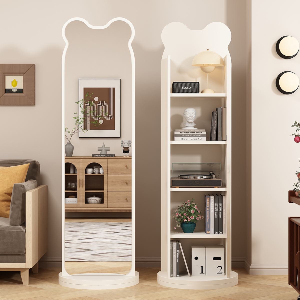 Bear Full-Length Mirror Rotating Dressing Mirror Home Bedroom Multi-Functional Floor Mirror Bookshelf Storage Integrated Large Fitting Mirror