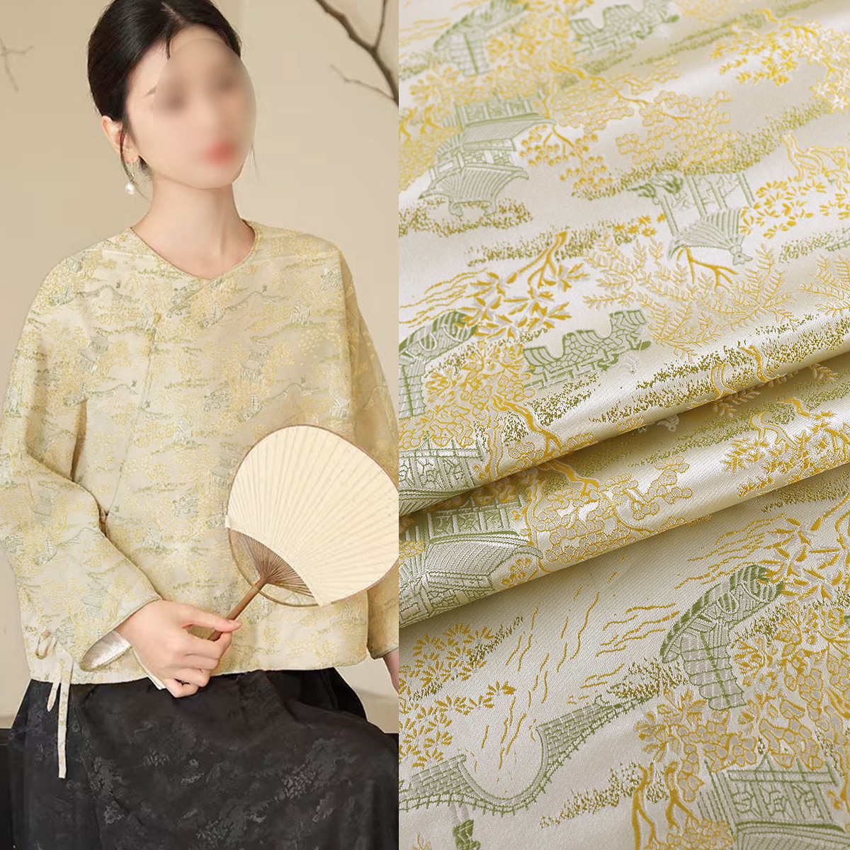 "Bridge Landscape" Song Brocade Jacket Fabric Dark Pattern New Chinese Jacquard Brocade Clothing Cloth