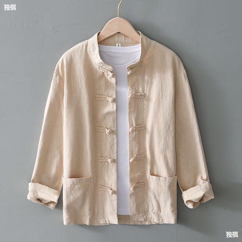 National Fashion Collar Cotton Linen Casual Long-sleeved Shirt Men's Chinese Style Vintage Buckle plus size Ramie Loose Linen Shirt