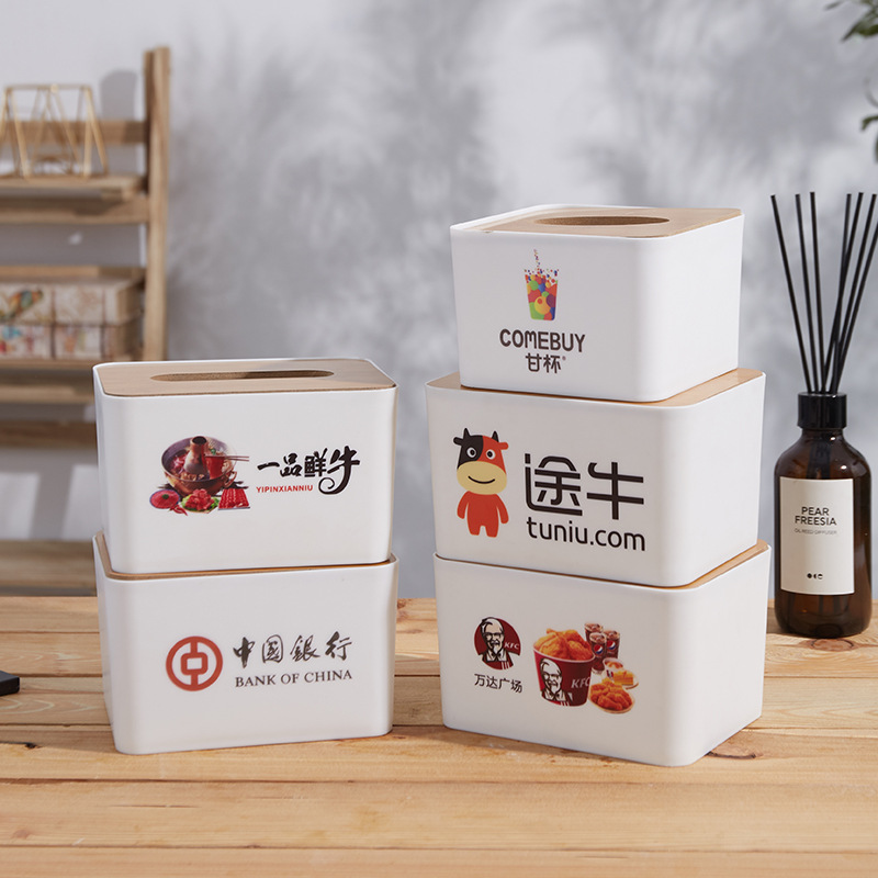 Square Wooden Cover Plastic Tissue Box Thickened Living Room Hotel Restaurant Tissue Paper Box Factory Manufacturer Printable Advertising