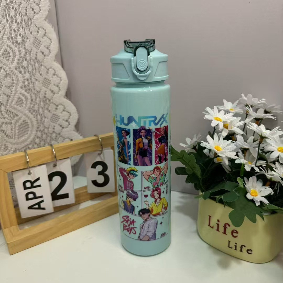 Foreign Trade Cross-Border Witch-Hunting Group Cartoon Straw Water Kettle Large-Capacity Pop-Up Lid Satchel Plastic Water Cup Space Cup