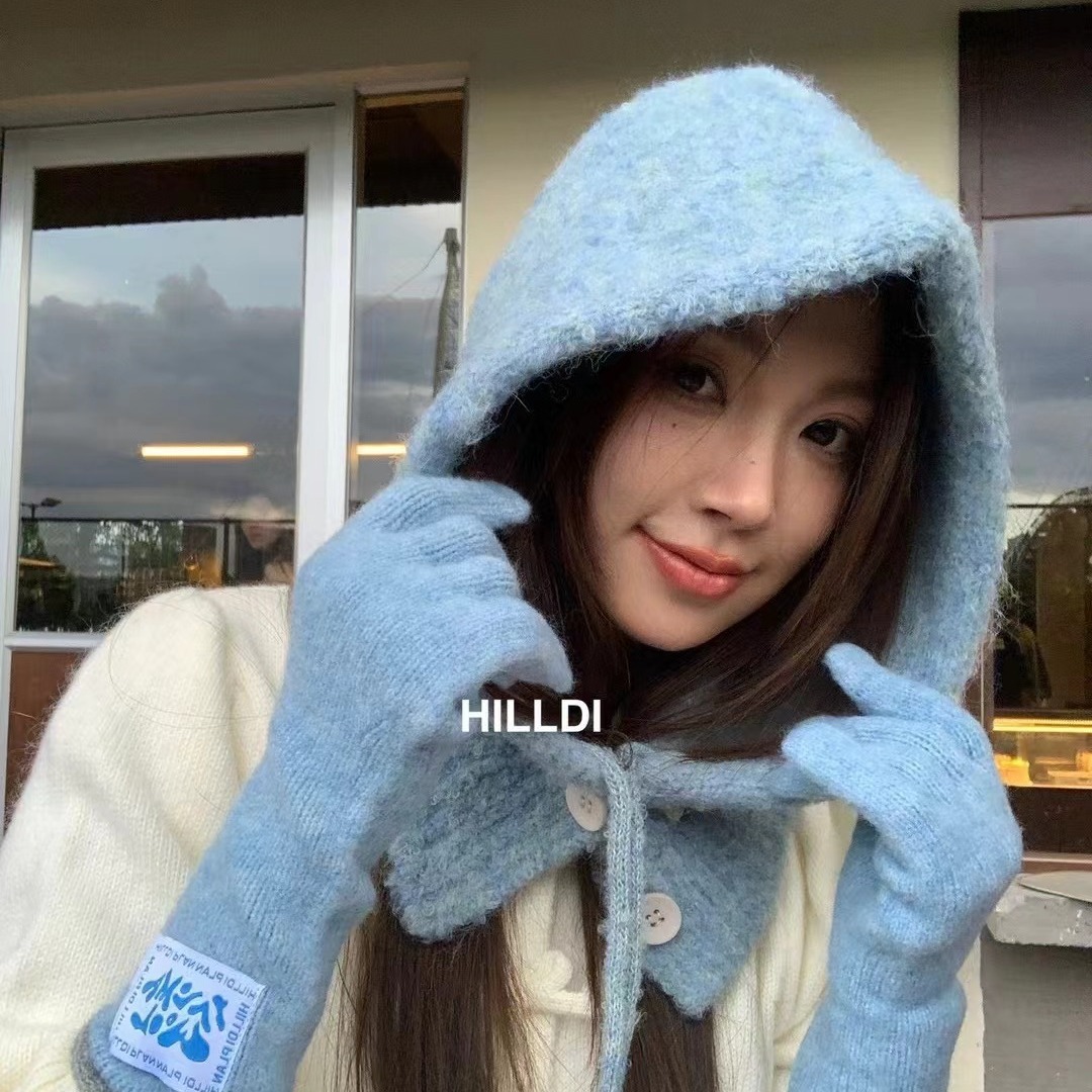 South Korea Balaclava Hat Women's Winter Warm Scarf One-piece Hooded Neck Knitted Wool Hat Cross-border