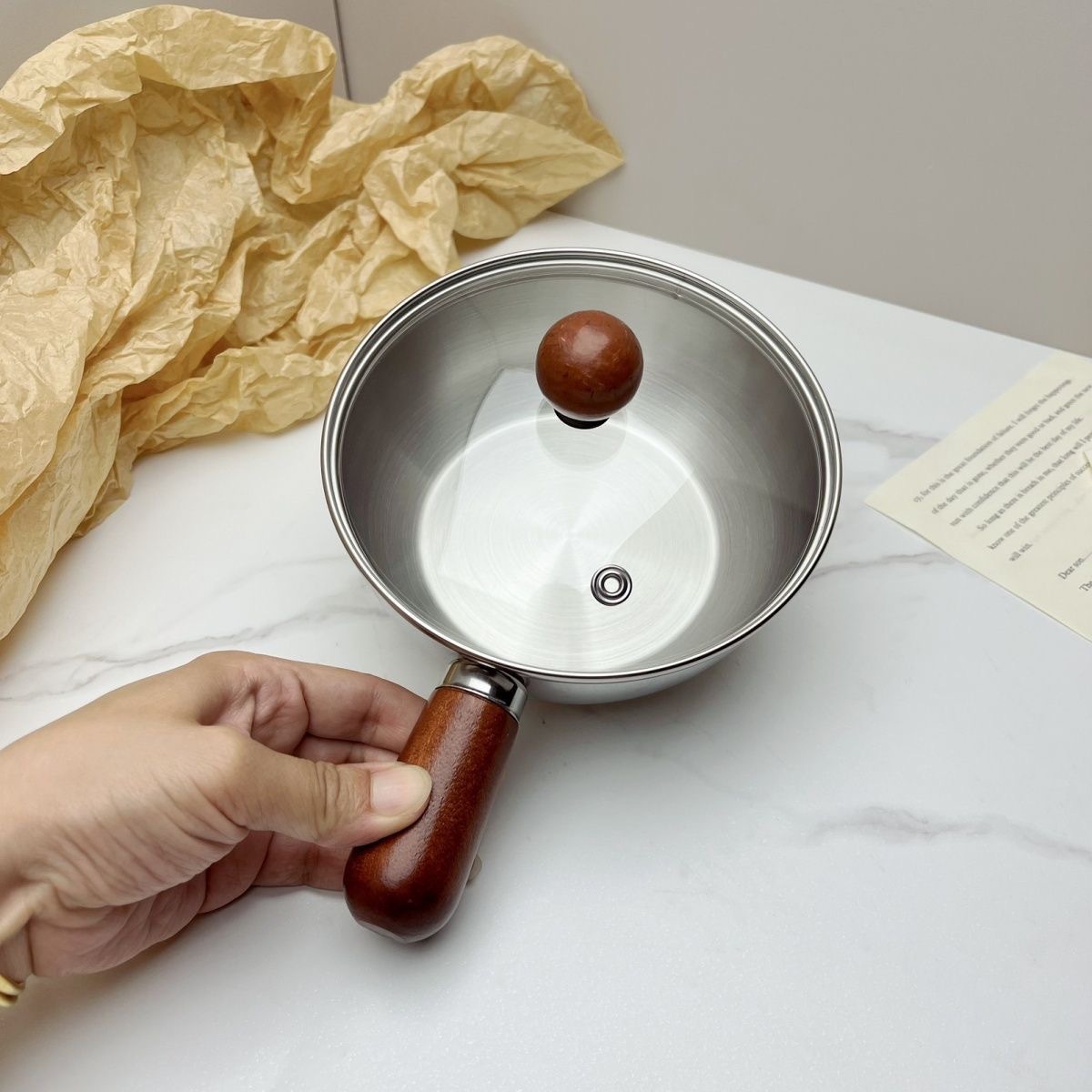 Утолщенная маленькая кастрюля из нержавеющей стали, многофункциональная, с деревянной ручкой, для молока