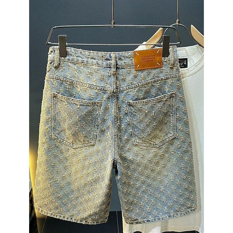 2025 American New Style Denim Shorts Men's Summer Loose Straight Ripped Jacquard High-End Five-Point Medium Pants