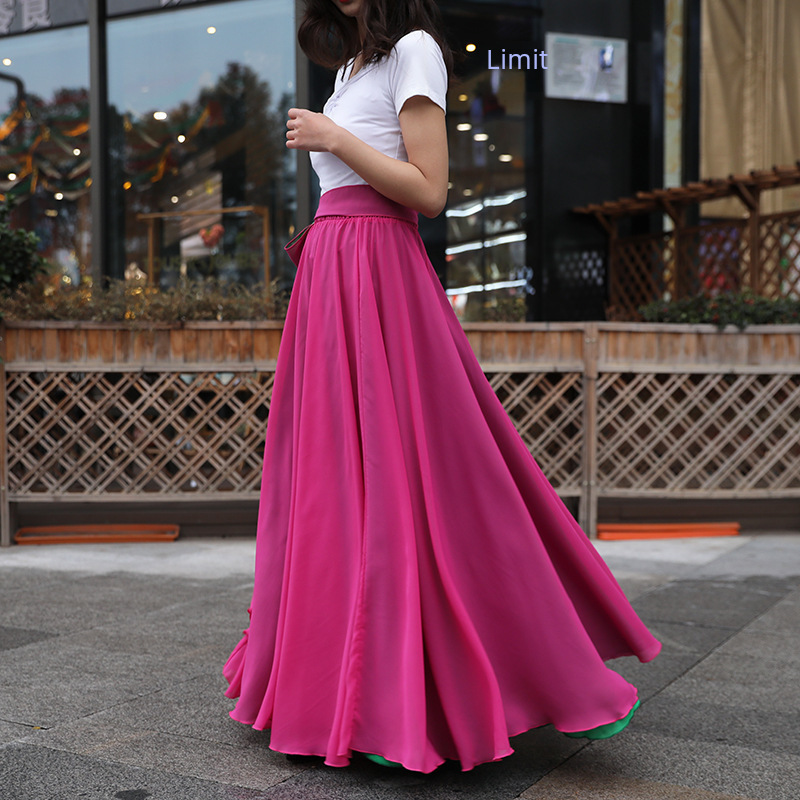 Reversible Large Swing Skirt 2023 New Elegant Chiffon Skirt High Waist A-Line Long Skirt Autumn and Winter Mid-Length Women's Skirt