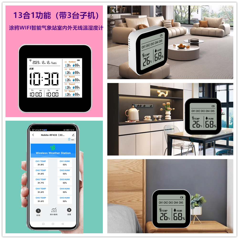 2C012, 13-in-1 Tuya Wifi Smart 433 Wireless Temperature and Humidity Meter with 5 Sub-Machine All-In-One Function