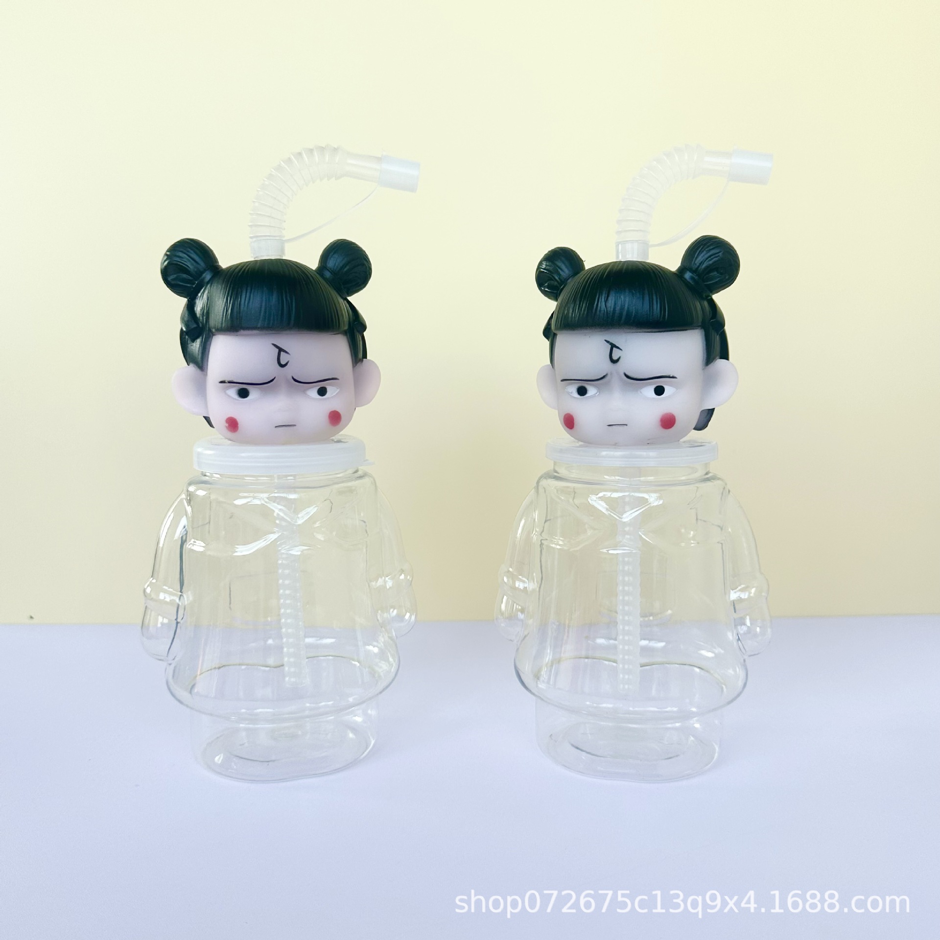 Disposable Kidsren's Cute Plastic Cup Milk Tea Juice Drink Bottle 500Mlpet Nezha Shaped Straw Cup