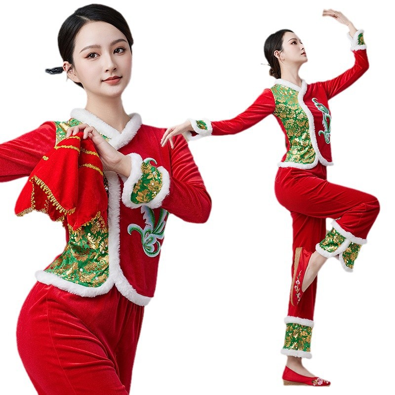 Square Dance Clothing New Set Gold Autumn and Winter Velvet Thickeneded Long-Sleeved Tops Long Pants Team Dance Clothing 2418