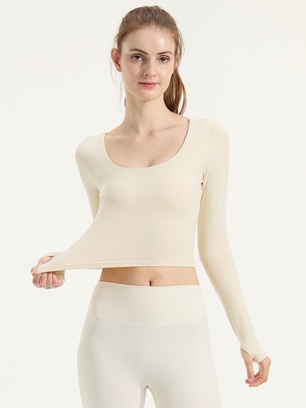 Autumn and Winter Cross-Back Yoga Wear Long-Sleeved Women's One-Piece Fixed Cup Slim Backless U-Neck Sports Fitness Top