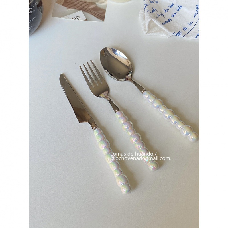 Набор столовых приборов с градиентной перламутровой ручкой, нержавеющая сталь, керамическая ложка, вилка и нож для западной кухни, комбинация для дома и ресторана
