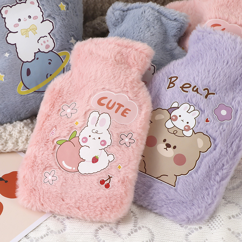 Soft rabbit fur hot water bag water injection bag hand warmer thickened explosion-proof plush cartoon warm water bag factory direct wholesale