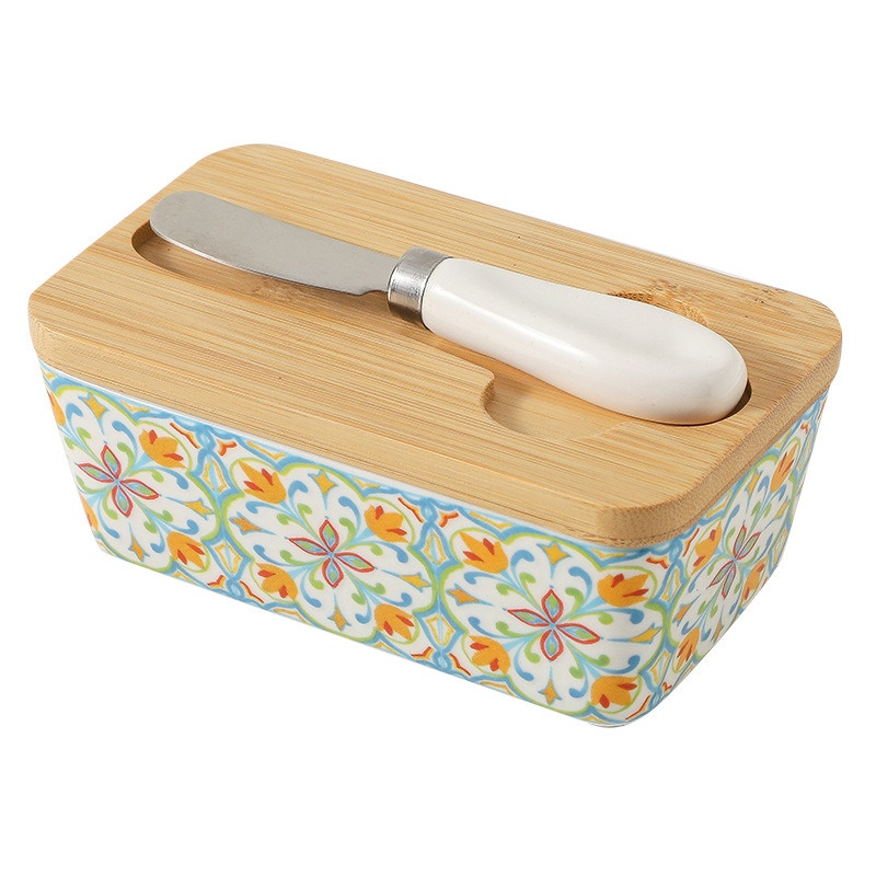 Pastoral Style Ceramic Butter Box with Knife and Lid, American-Style Household Kitchen Storage Box, Cross-Border Cheese Storage Box Wholesale