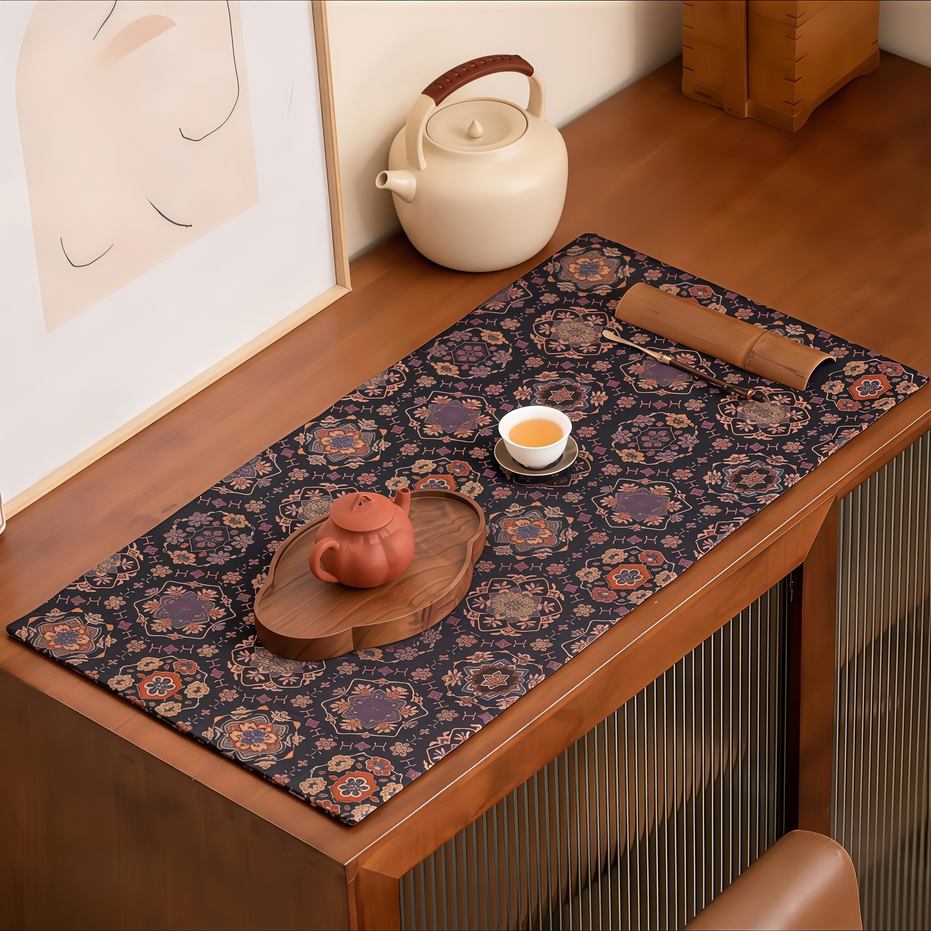 New Chinese Style Purple Peony Double-Sided Dry Bubble Mat Zen Retro Table Flag Dry Bubble Tea Mat